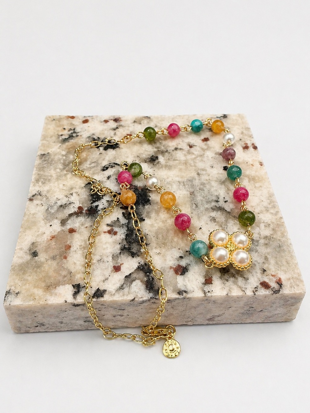 Tory Burch Gold Pearl Cluster Necklace with Multicolor Beads